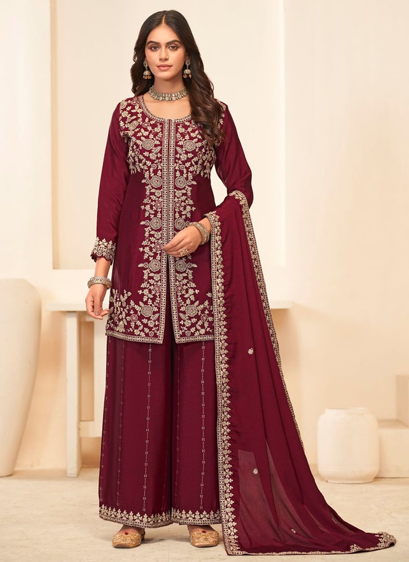 Red Chinon Zari Embroidered Sequins With Stone Work High Slit Palazzo Suit Festive Wear