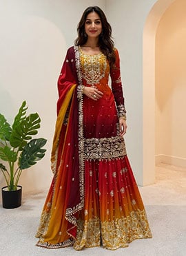 Red Chinon Zari Sequins Moti Sharara Suit