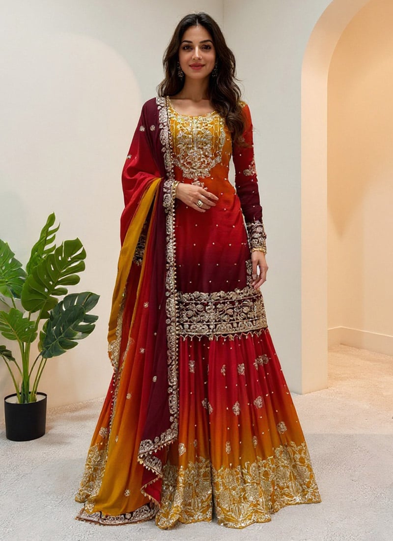 Red Chinon Zari Sequins Moti Sharara Suit