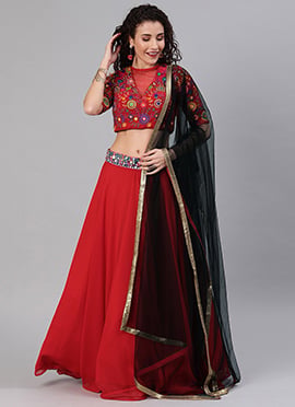 Red Closed Neck Lehenga