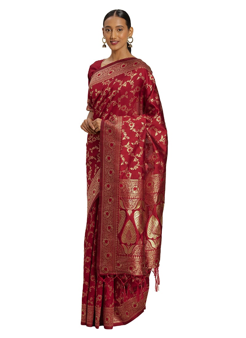 Red Color Zari Work Banarasi Silk Saree Festive Wear