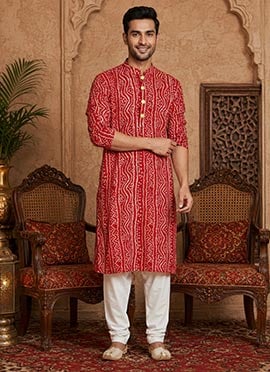 Red Cotton Bandhini Print Kurta For Men