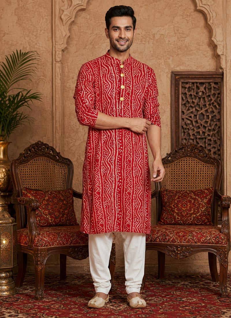 Red Cotton Bandhini Print Kurta For Men