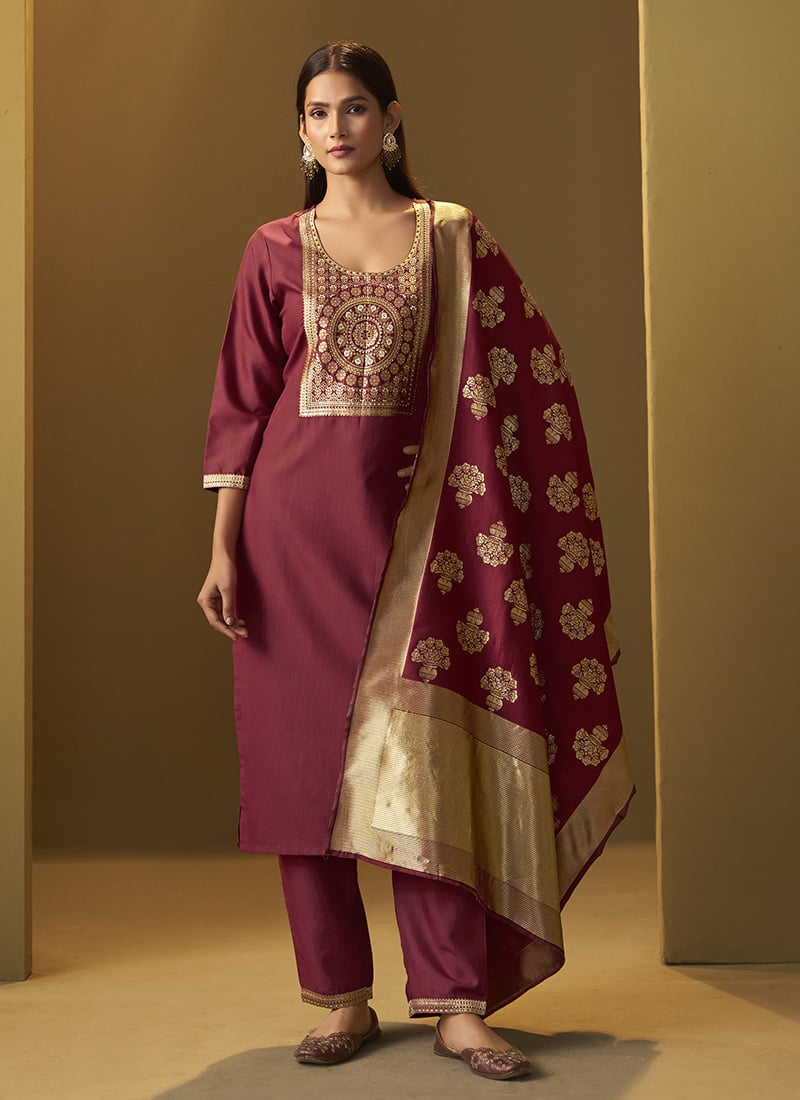 Red Cotton Blend Jacquard Straight Pant Suit After Six Wear