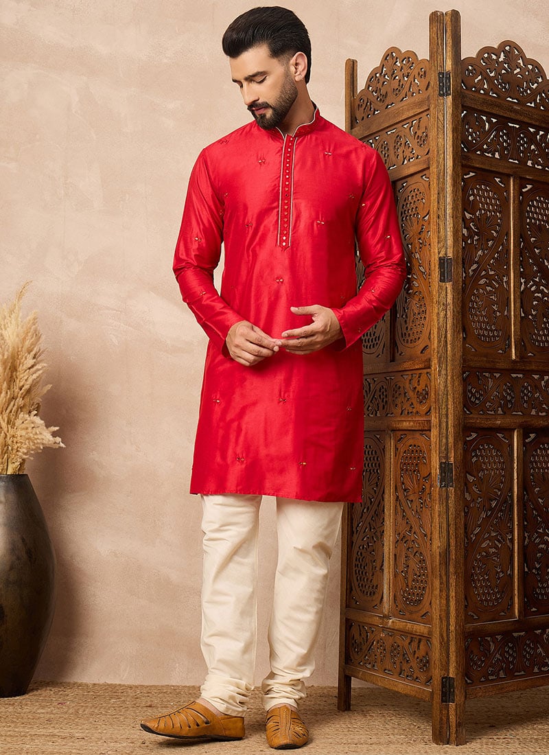 Red Cotton Blend Mirror Work Kurta Pyjama Festive Wear