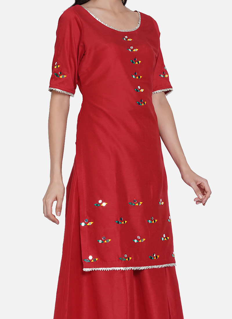 Buy Red Cotton Blend Mirror Work Skirt Set Party Wear, Mirror work