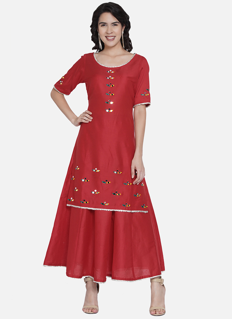 Buy Red Cotton Blend Mirror Work Skirt Set Party Wear, Mirror work