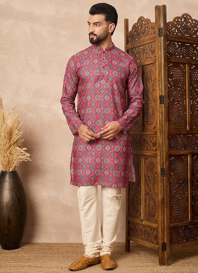 Red Cotton Blend Printed Kurta Pyjama Festive Wear