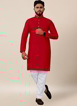 Red Cotton Blend Printed Kurta Pyjama