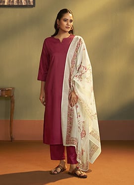 Red Cotton Blend Printed Straight Pant Suit