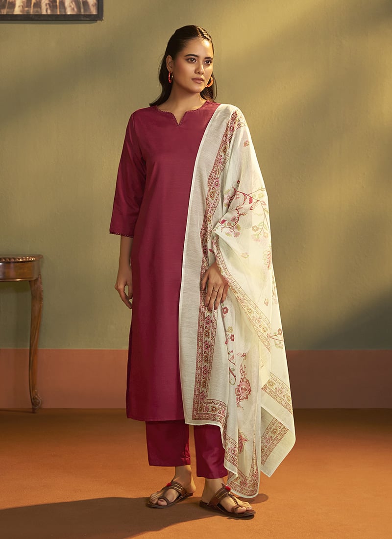 Red Cotton Blend Printed Straight Pant Suit After Six Wear