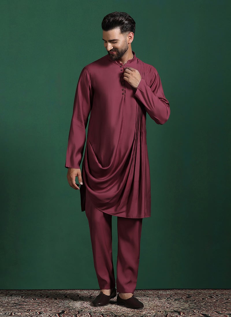 Red Cotton Blend Solid Kurta Pyjama Festive Wear