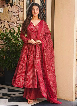 Red Cotton Digital Print Anarkali Suit