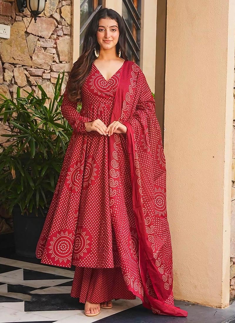 Red Cotton Digital Print Anarkali Suit After Six Wear