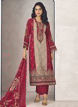 Red Cotton Digital Print Embroidered Straight Pant Suit