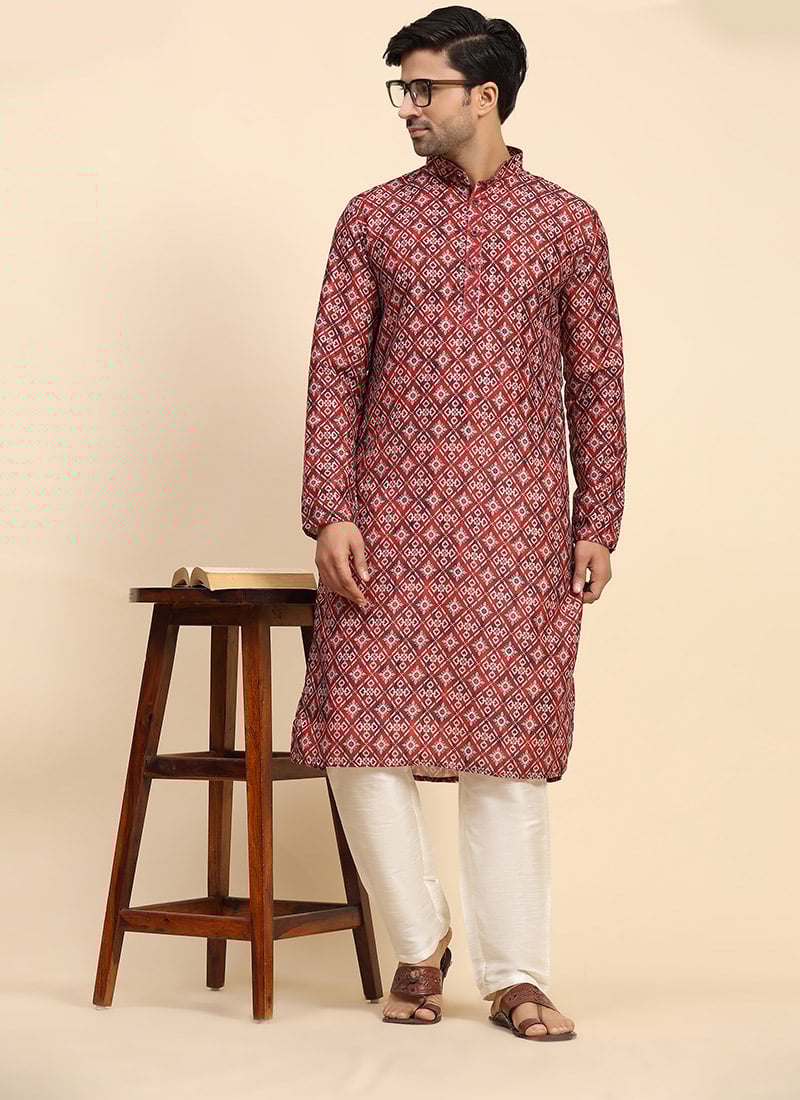 Red Cotton Digital Print Kurta