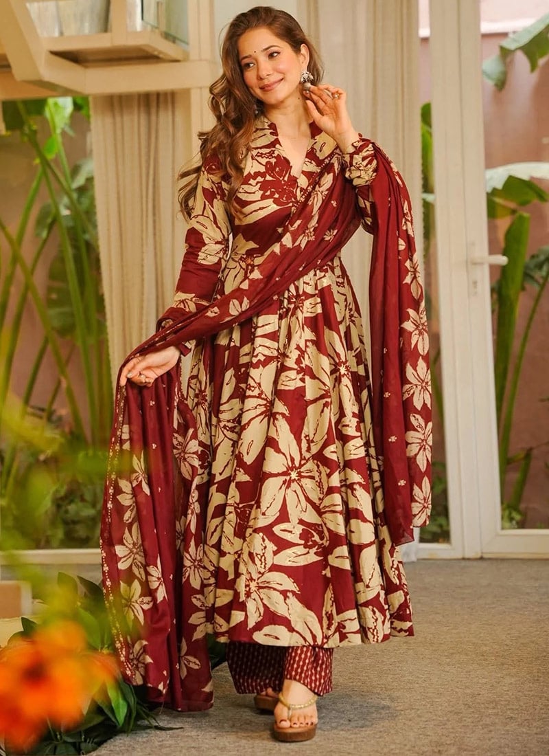 Red Cotton Embroidered Anarkali Suit After Six Wear