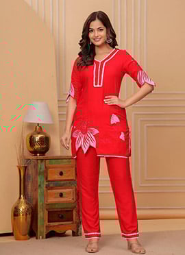 Red Cotton Embroidered Indowestern Co ord Set