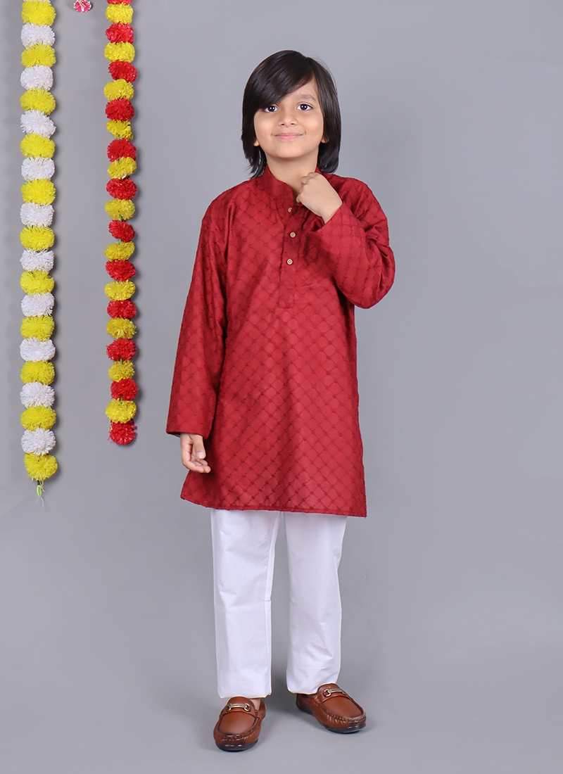 Red Cotton Embroidered Kids Boys Kurta Pyjama Festive Wear