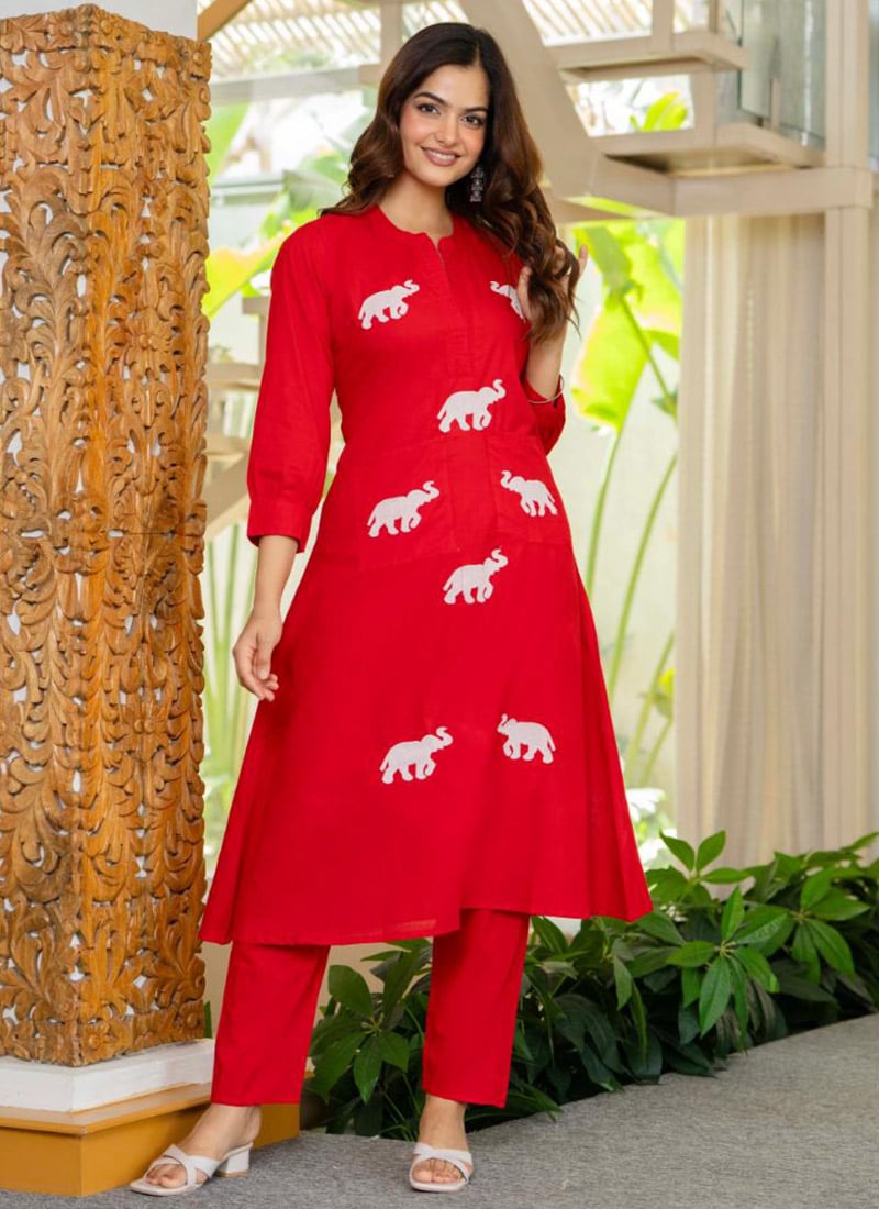 Red Cotton Embroidered Kurta Straight Pant Set After Six Wear