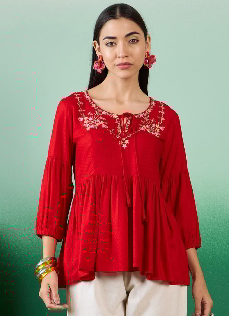 Red Cotton Embroidered Peplum Top