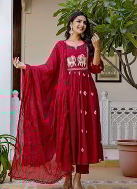 Red Cotton Embroidered Printed Straight Pant Suit