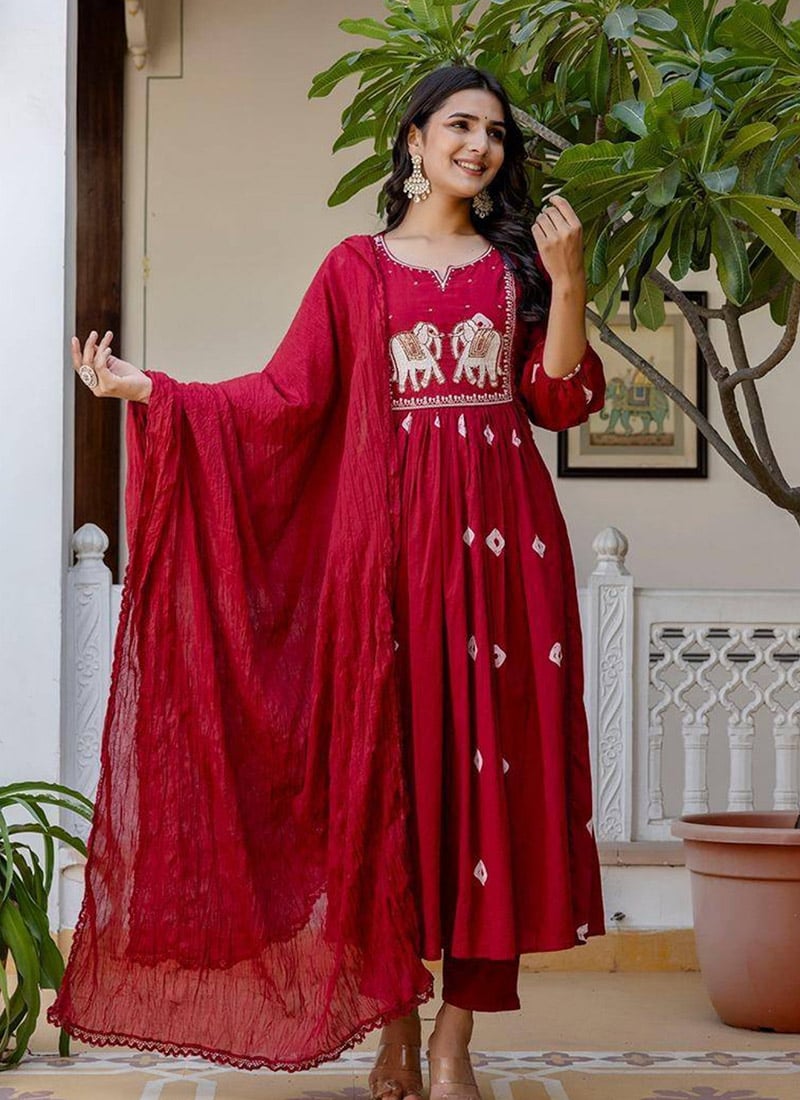 Red Cotton Embroidered Printed Straight Pant Suit