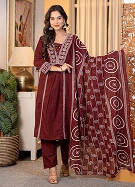 Red Cotton Embroidered Printed Straight Pant Suit