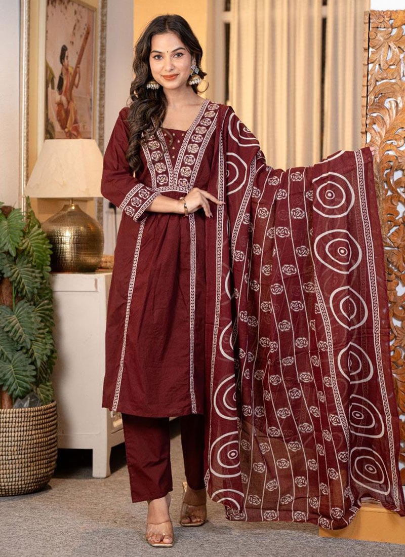 Red Cotton Embroidered Printed Straight Pant Suit After Six Wear