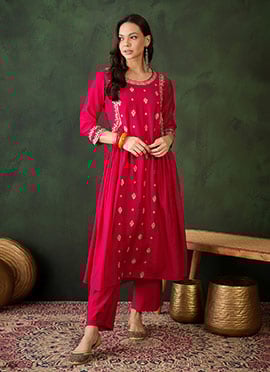 Red Cotton Embroidered Sequins Kurta Straight Pant Set