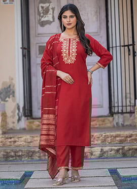 Red Cotton Embroidered Sequins Straight Pant Suit