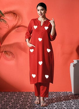 Red Cotton Heart Print Kurta Straight Pant Set