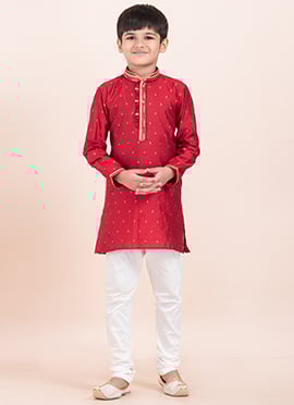 Red Cotton Jacquard Kids Boys Kurta Pyjama