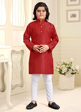 Red Cotton Kids Kurta Pyjama Set Crafted With Zari Detailing