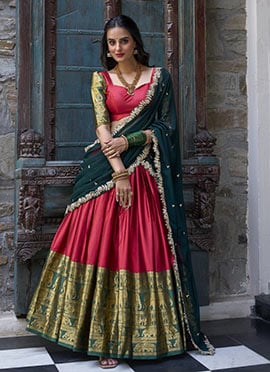 Red Cotton Narayana Pattu Jacquard Lehenga