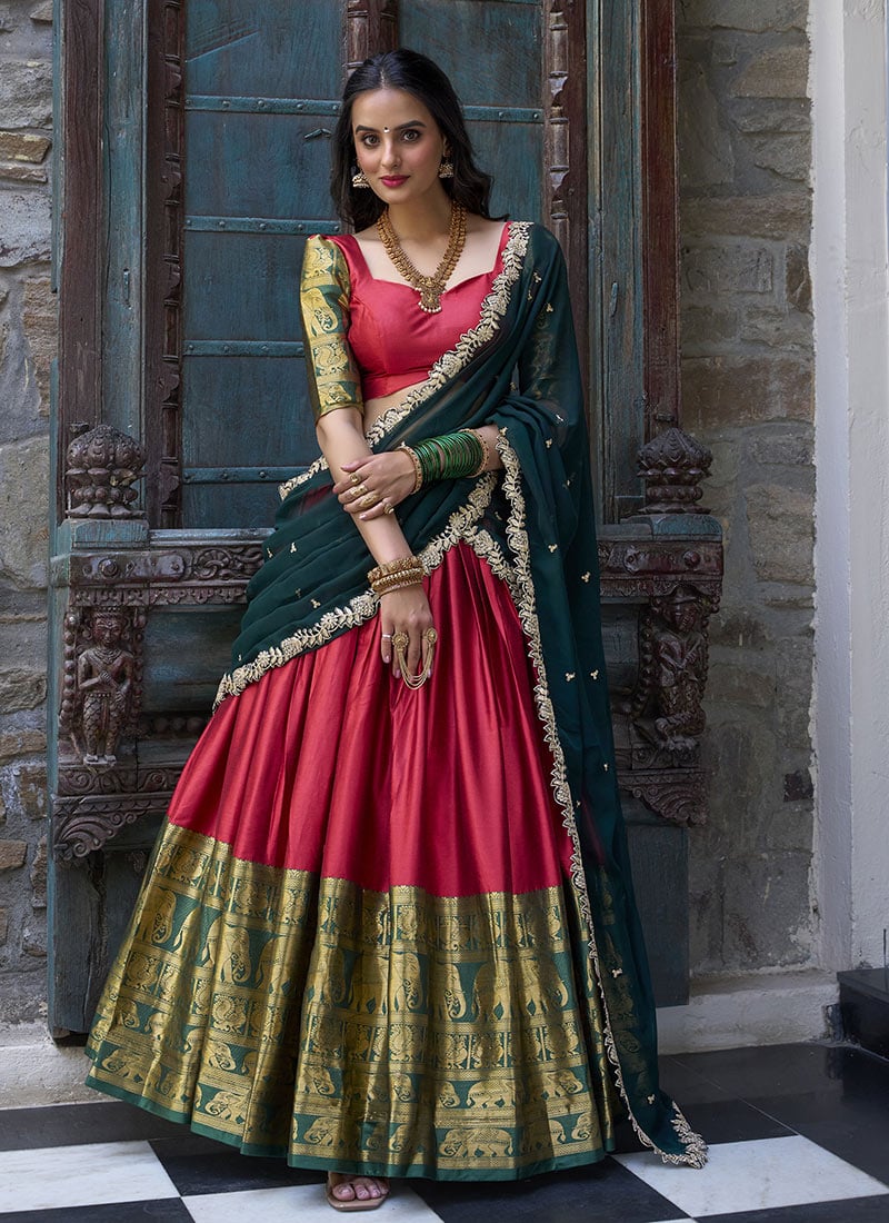 Red Cotton Narayana Pattu Jacquard Lehenga