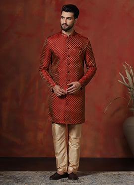 Red Cotton Printed Indowestern Sherwani Set