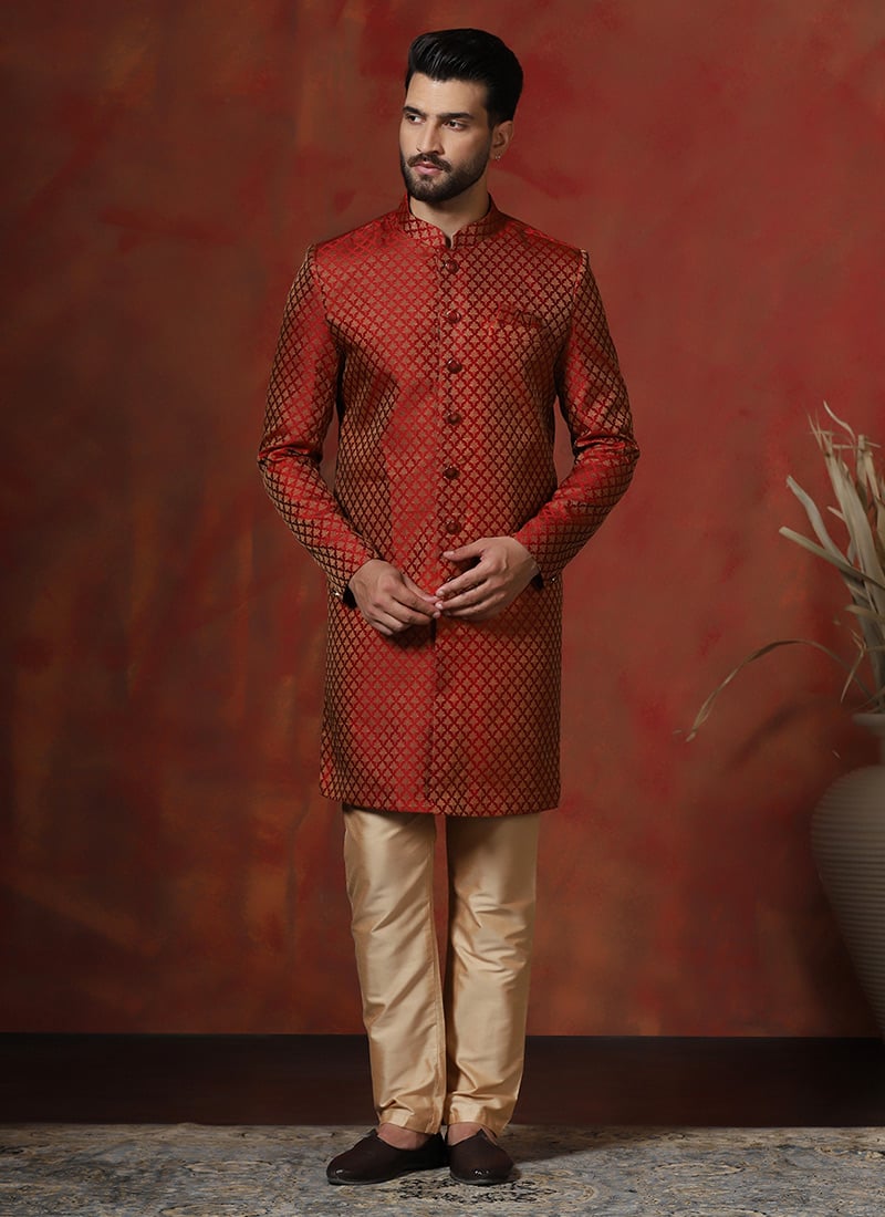 Red Cotton Printed Indowestern Sherwani Set Wedding Wear