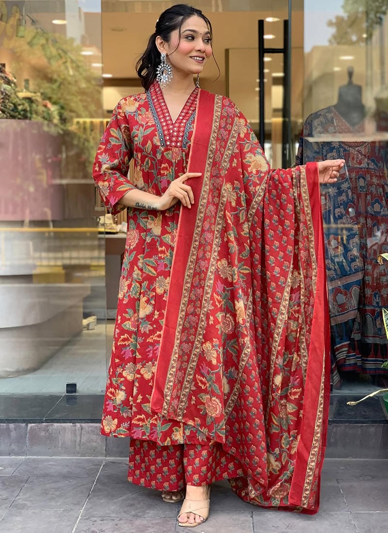 Red Cotton Printed Palazzo Suit After Six Wear