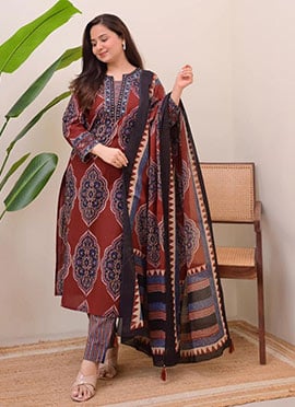 Red Cotton Printed Straight Pant Suit