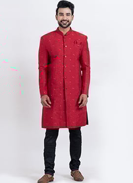 Red Cotton Silk Jacquard Classic Sherwani