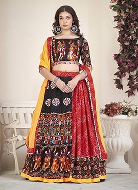 Red Cotton Silk Kutch And Mirror Work With Bandhini Print Chaniya Choli