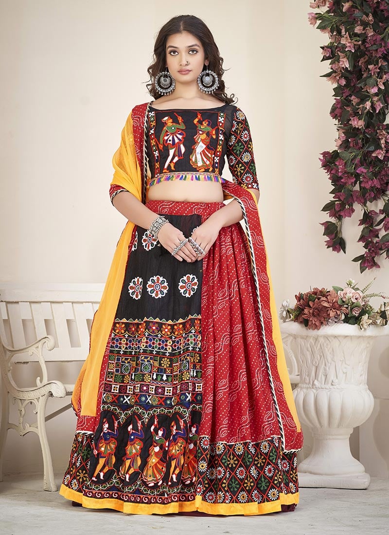 Red Cotton Silk Kutch And Mirror Work With Bandhini Print Chaniya Choli Festive Wear-GHSWE06