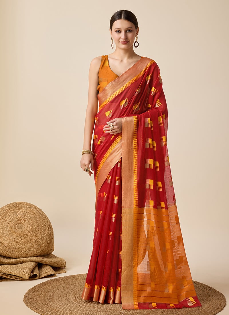 Red Cotton Silk Zari Woven Simple Casual Saree With Blouse