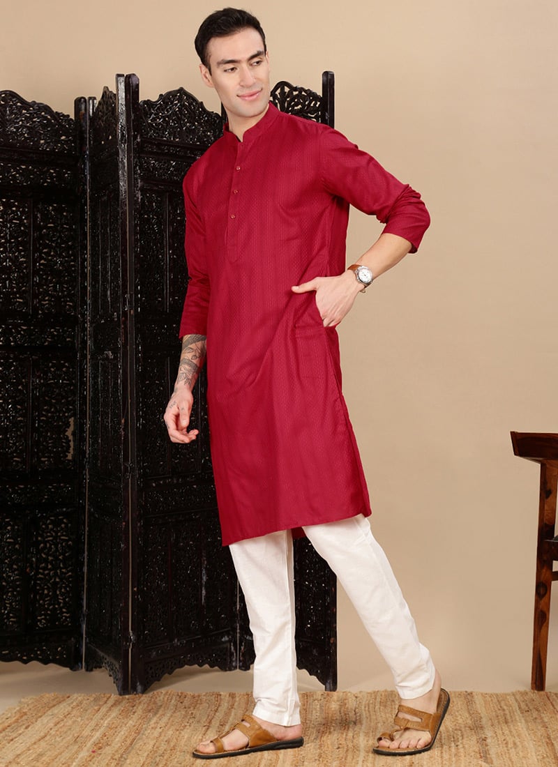 Red Cotton Textured Kurta