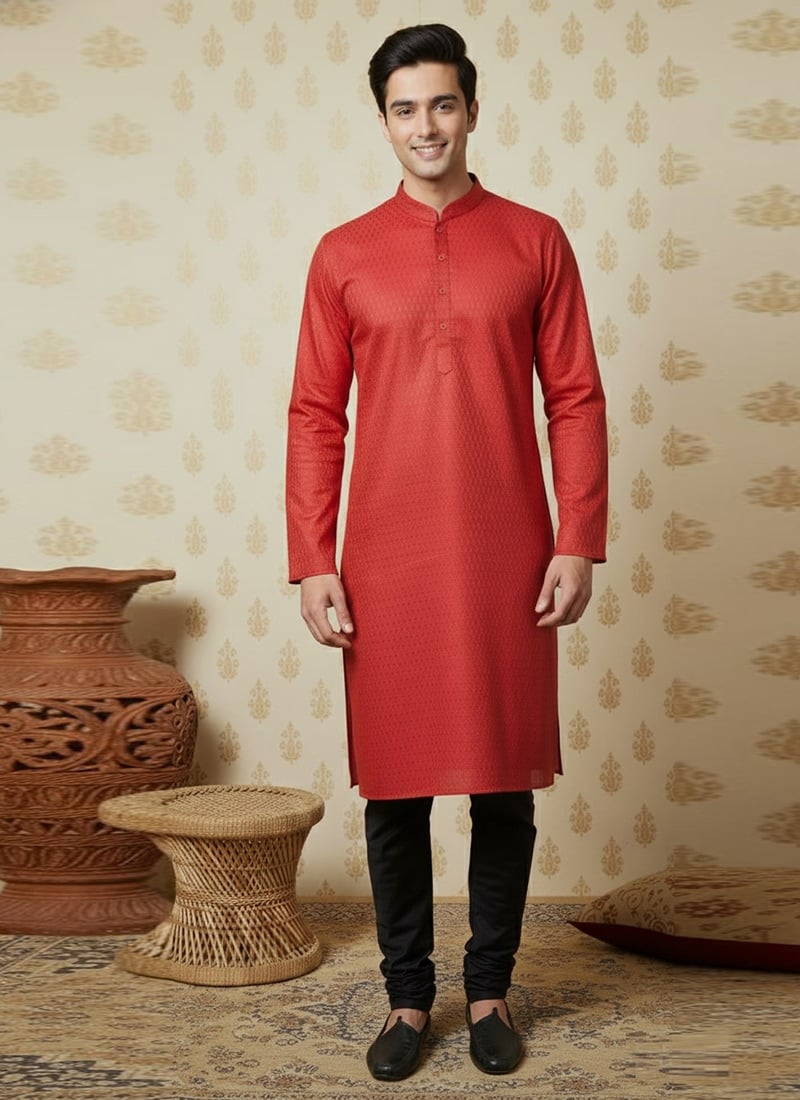 Red Cotton Textured Kurta Pyjama Festive Wear