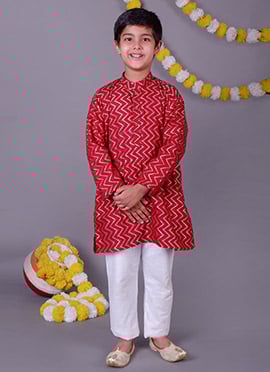 Red Cotton Zari Work Kids Boys Kurta Pyjama