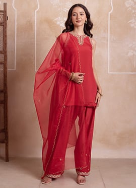 Red Crepe Embroidered Salwar Suit