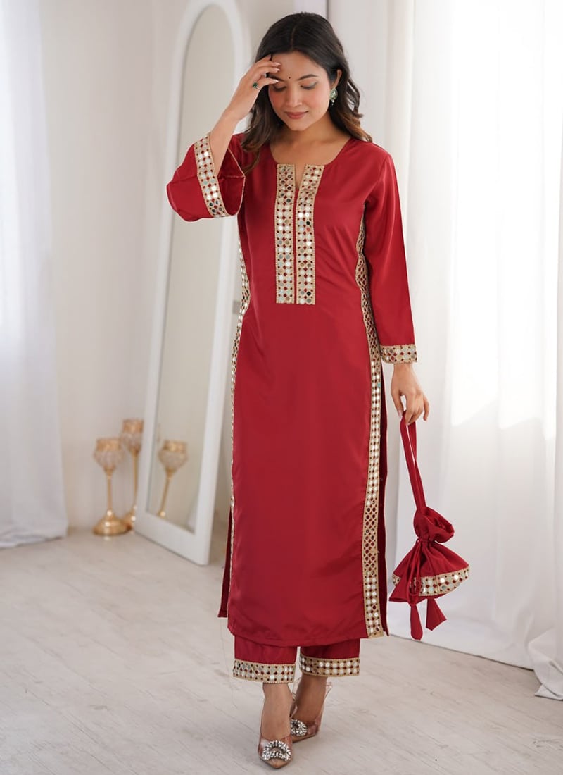 Red Crepe Real Mirror Lace Work Kurta Straight Pant Set After Six Wear