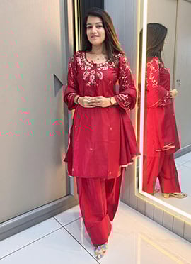 Red Crepe Sequins Beads Thread Cutdana Palazzo Suit